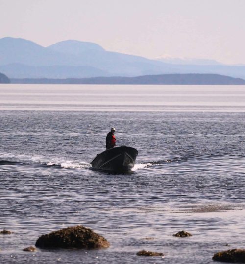Captain standing on the boat’s deck, with a scenic view of the open ocean and mountain range in the background during a private guided ocean tour